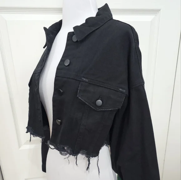 Dolls Kill Club Exx Rainbow Fringe Feel This Moment Black Denim Jacket Coat - Picture 4 of 9